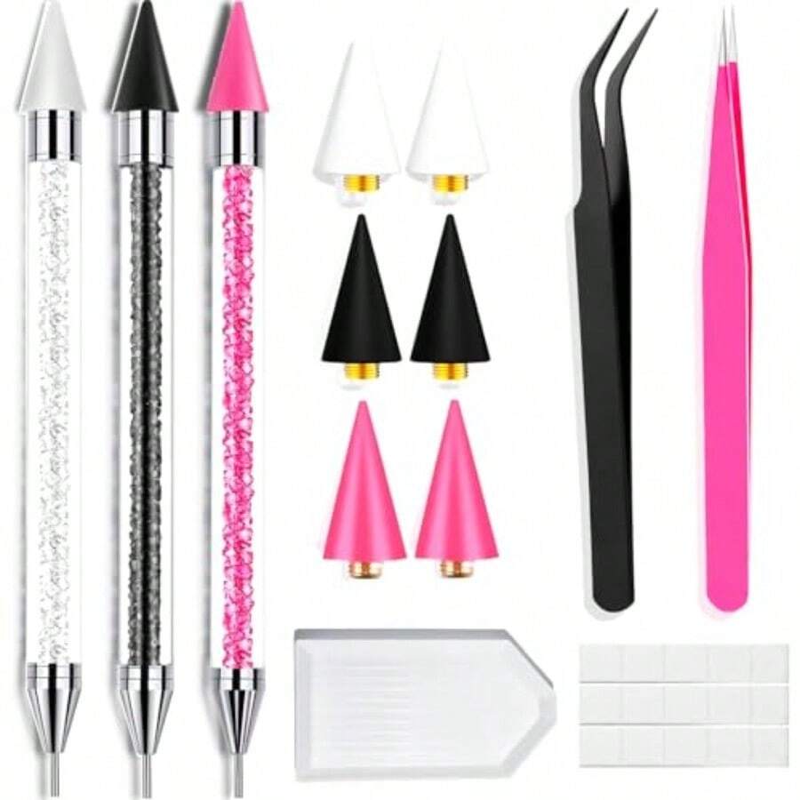 13 Pcs Rhinestone Picker Tool - 3 Pcs Dual-Head Pens With 6 Wax Tips 15 Pcs Clay Precision Curved And Straight Tweezers Kit For Picking Up Nail Art Gems Stones Crystals And Nail Charms - 彩色 - 查看 1