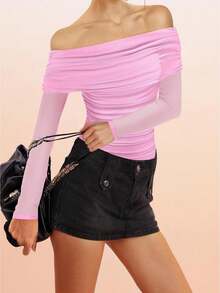 Women's Off The Shoulder Long Sleeve Tops Slimming Top Sheer Mesh Ruched Blouse Going Out Shirts Fall Outfits - Pink - View 1