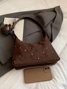 1 Piece (Without Charm) Solid Color Faux Suede Handbag, Hobo Bag Zipper Closure, Shoulder Handbag, Stylish Commuting, Travel, Shopping, Dating, Women's Gift, Suitable For Teenagers, College Students, Beginners And Office Ladies - Coffee - View 10