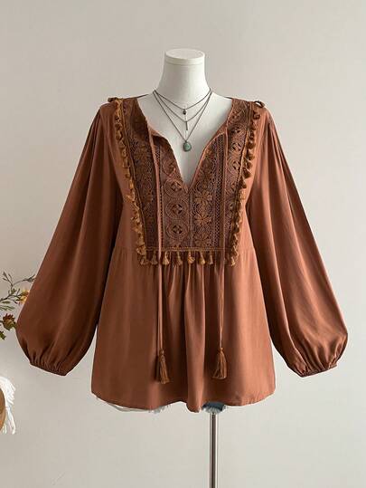 Rusttydustty Áo dài tay màu nâu phối ren kiểu Bohemian cho nữ cỡ lớn, kiểu dáng thanh lịch, cổ điển, thích hợp cho mùa xuân.