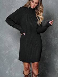 2026 Women's Casual Knit Dress Sweater Dresses For Women  Fall Fashion Mock Neck Long Lantern Sleeve Oversized Outfits Knit Tops Clothes ​ , Bodycon Long Sleeve ​ For Sports Outdoor Wear, Loose Fit Long Sleeve Comfy Daily Outfits For Women - 黑色 - 查看 3