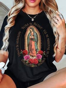 Women's Casual Faith-Inspired T-Shirt - Short Sleeve Crew Neck With Virgin Mary & Floral Print, Soft Stretch Fabric, Machine Washable, Black - màu đen - Xem 3