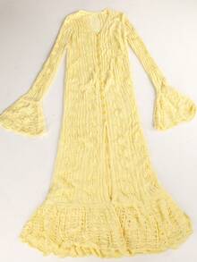 Apperloth A Apperloth Un nuevo llegado Elegante suéter ligero Cárdigan de punto de mujer Cuello bajo Mangas acampanadas Sólido Calado Botón delantero Tops largos para vacaciones Uso casual diario Primavera/Verano