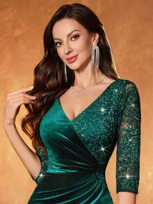 MIUSOL V-Neck Sequin Floral Lace Contrast Velvet Ruched Waist 3/4 Sleeve Cocktail Party Bodycon Dress - Dark Green - View 12