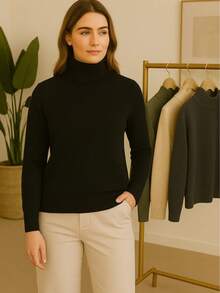Women's High Neck Turtleneck Sweater In Elastane Knit - Black - View 1
