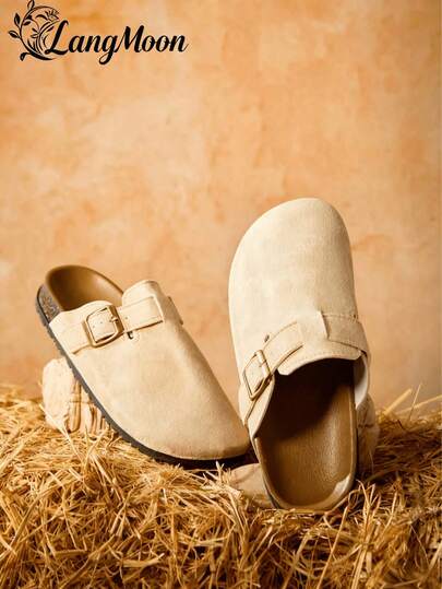 2025 Autumn/Winter New Arrival Beige Ultra-Light Thick Flat Soft Bottom Soft Sole Beach Outdoor Home Increase Height Women's Sandals, Fashion Buckle Closed Toe Style Wooden Clogs Women Summer Casual Mules Thick Sole Lightweight Comfortable Vacation