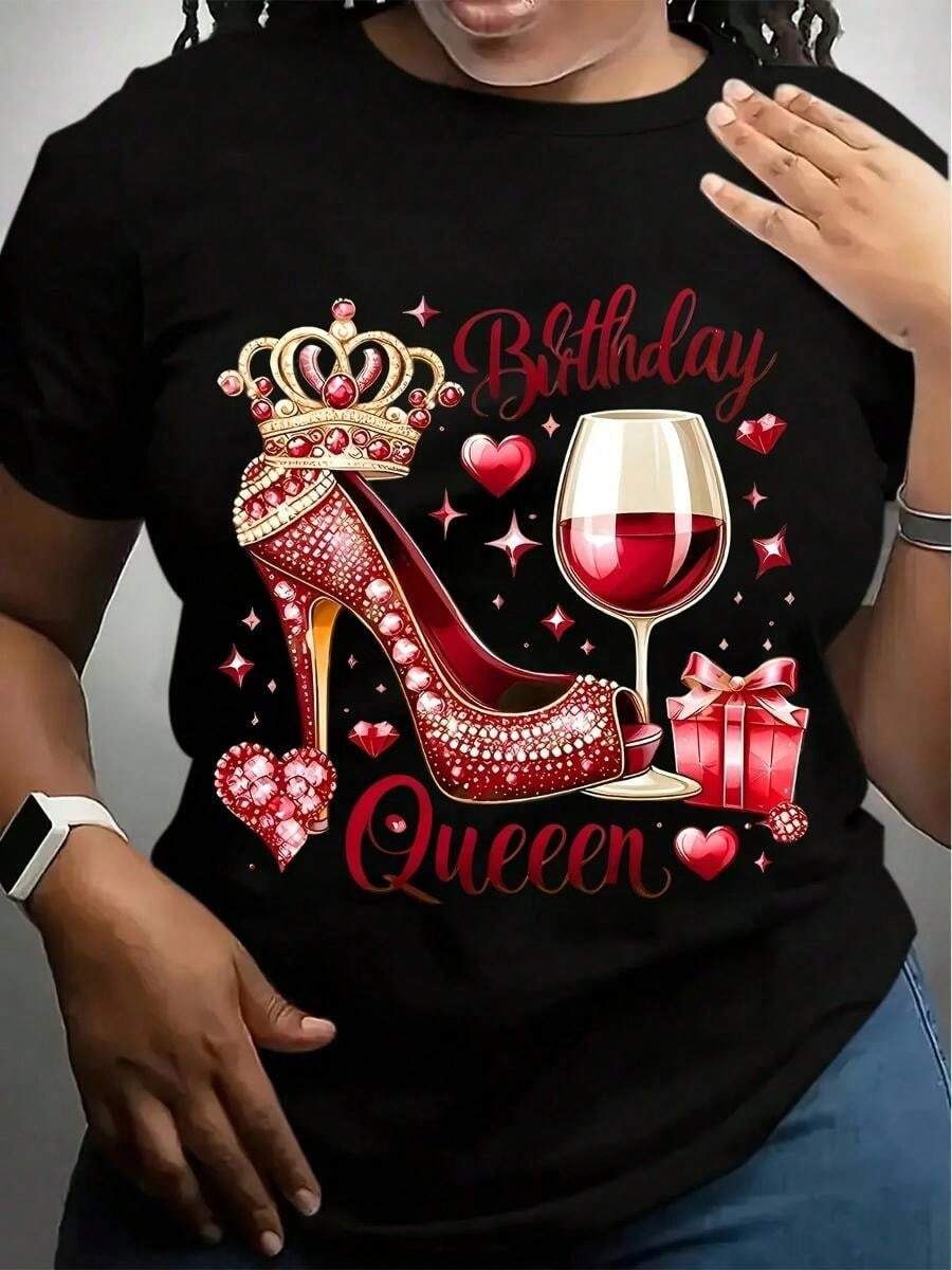 Women's Birthday Queen Graphic T-Shirt -  Crew Neck Tee With Sparkling Red High Heel, Crown & Wine Glass Design, Casual Short Sleeve Top For SpringSummer Celebrati Printed Shirts, Ladies' Tops, Printed Short-Sleeve One-Piece Shirts - 黑色5 - 查看 1