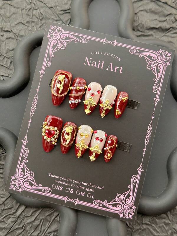 10pcs Y2K Luxury Style Almond-Shaped Nail Stickers, Handmade, Burgundy Nail Stickers Decorated With Golden Roses, Golden Crosses, Large Heart-Shaped Rhinestones, Accompanied By Chain Decorations. Medium Length, Suitable For Women And Girls, Ideal For Holiday Wear, Attending Events, DIY Nail Art, Including A Tool Kit. Almond-Shaped Nails. Handmade Nail Stickers. Fake Nails. Nail Supplies.