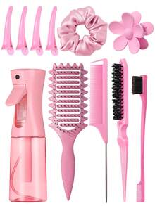 2/4/5/6/11/12pcs Unisex Hair Styling Brush Set (New Upgraded Curling Shaping Brush, 9-Row Nylon Cushion Styling Brush, Volumizing Brush, Tail Comb, Edge Brush, Spray Bottle, 4pcs Alligator Hair Clips, Flower Hair Clips, Hair Styling Brush Set) - Multicolor - View 3