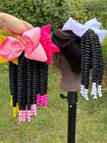 1PC Ponytail Extensions, Band Braids With Beads, Sweet Hair Extension For , Springy Twist Ponytails With Hair Bows - Black - View 2