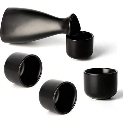 Handmade Durable Ceramic Japanese Sake Set 1 Tokkuri Bottle And 4 Ochoko Cups Black