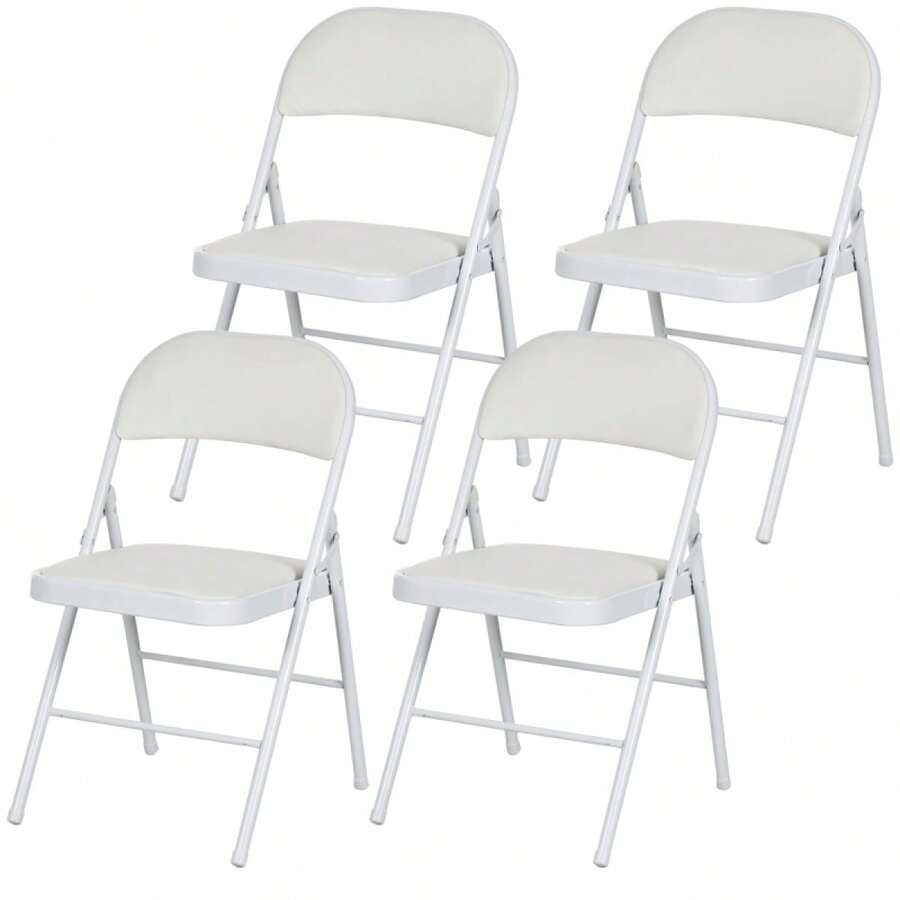 HOMCOM Set Of 4 Folding Chairs, Portable Office Chair With Cushion, Faux Leather, Steel Legs, Folding Chair For Office, Waiting Room, White - 1 - View 1