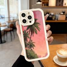 Funda de teléfono con borde protector negro color rosa con estampado de palmeras y atardecer para uso diario en cafeterías Aplicable a los teléfonos de la serie Apple y Galaxy - Burdeos - Ver 4