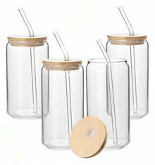 Set De 4 Vasos Vidrio 16oz con tapas bambú popote 4 pzs color cristal set vasos vidrio con tapa bambú popote cristal paquete bebidas frías calientes decoración hogar - Transparente - Ver 3