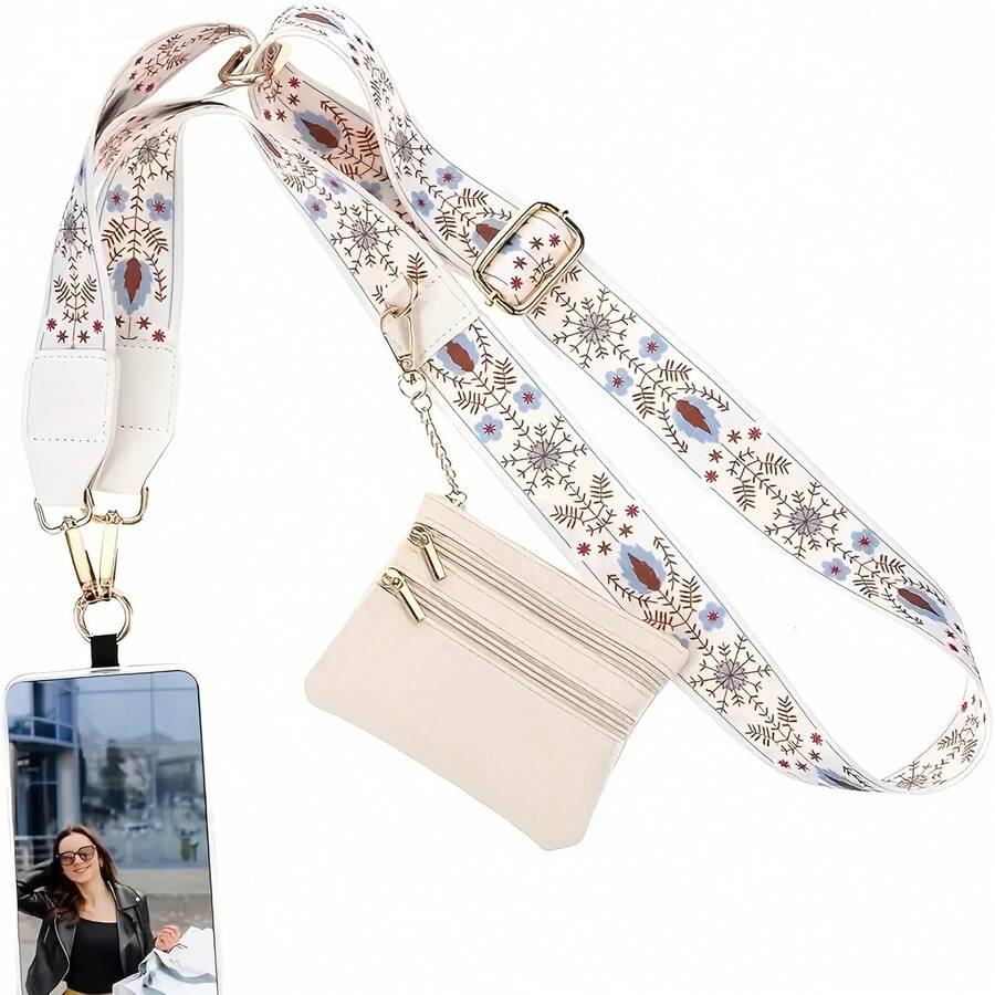[Stylish Phone Lanyard] Adjustable Polyester Phone Lanyard With Zipper And Buckle | Stylish Crossbody Necklace Strap, Large Universal Shoulder Strap Replacement For Handbags, Wallet Phone Bag - trắng - Xem 1