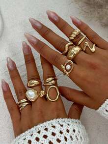11pcs/Set Punk Style Rings Set, Suitable For Women, Retro Geometric Ring Set, Fashionable Personalized Jewelry Gift, Matching Daily Outfits And Party Accessories - Gold - View 6