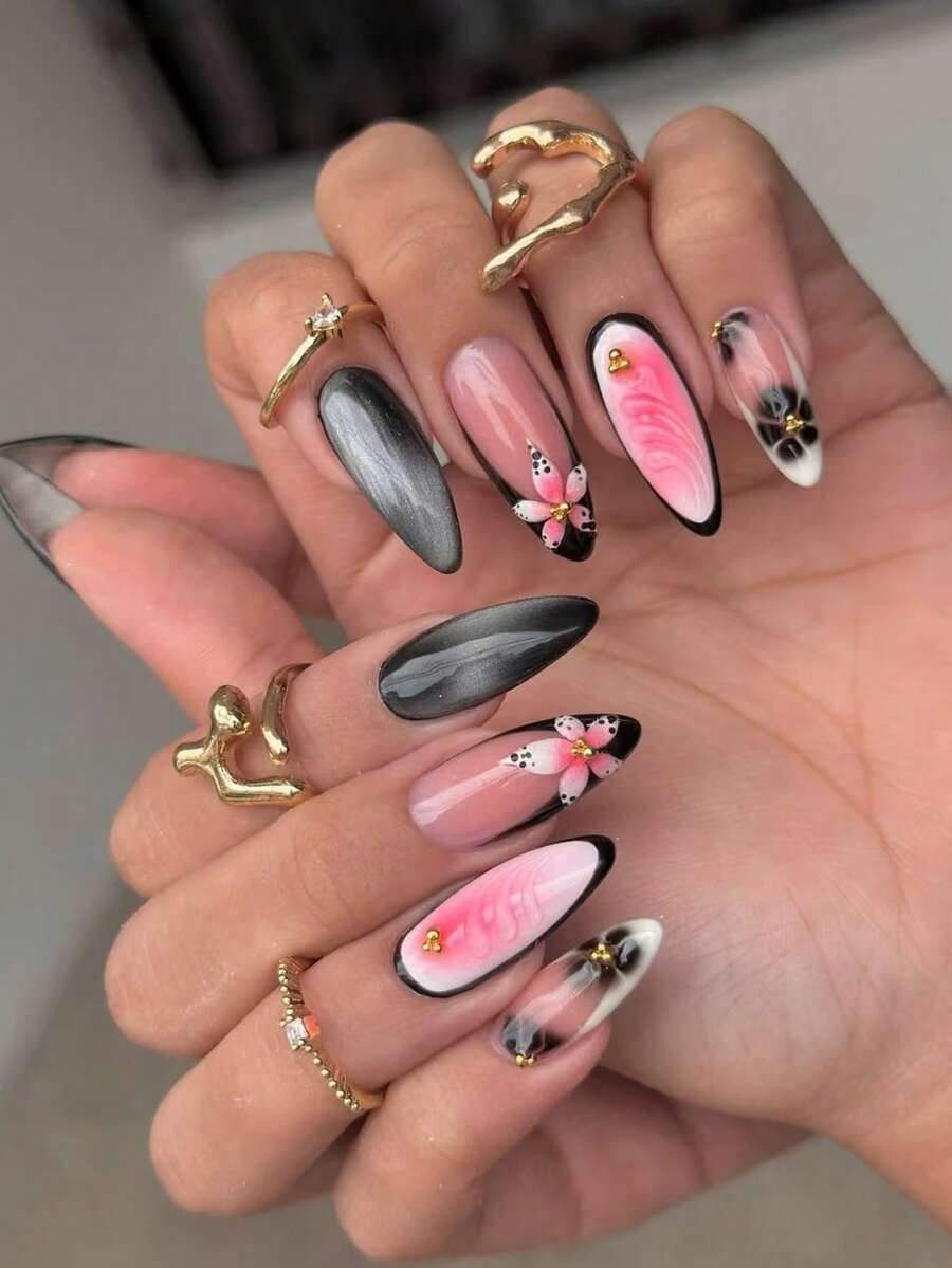 24pcs Short Water Drop Shaped Press-On Nails, Gradient & Floral 3D Gel And Golden Beads Designs, Shiny Artificial Nails Suitable For Valentine's Day, Parties, Daily Wear, Comes With Jelly Gel And Nail File