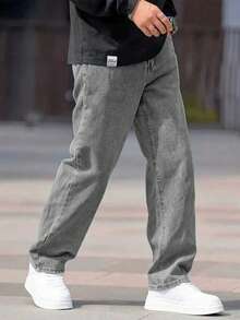 1pc Men's Straight Loose Gray Jeans, Solid Color Comfortable Casual Jeans, Suitable As Gift For Husband Or Boyfriend - Grey - View 4