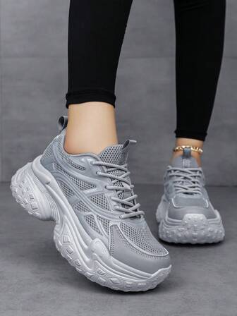 Women's Casual Sneakers, Thick Sole Mesh Breathable Deodorizing Shock Absorbing Flat Shoes, Fashion Breathable Casual Road Running Shoes, Wear-Resistant Leather Patchwork Chunky Sneakers For Female Students, Outdoor Party, Lolita Style Lightweight Breathable Comfortable Versatile Platform Shoes, Increase Height 8CM