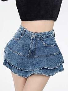 Falda de denim elástica de las mujeres de cintura alta - A-Line Wrap Hem Flounce Mini falda con bolsillos, falda de jeans elásticos Bodycon para las mujeres, faldas de verano informales - Lavado ligero - Ver 1