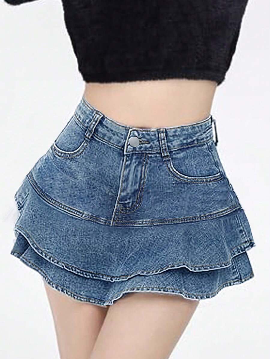 Falda de denim elástica de las mujeres de cintura alta - A-Line Wrap Hem Flounce Mini falda con bolsillos, falda de jeans elásticos Bodycon para las mujeres, faldas de verano informales - Lavado ligero - Ver 1