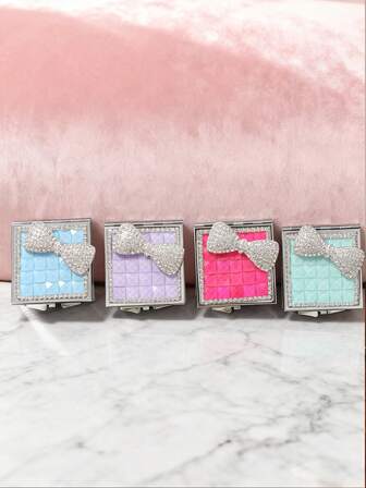 1个优雅蝴蝶结装饰镜，新款简约日法风格方形金属小镜，饰有闪亮水钻蝴蝶结，双面折叠便携式化妆镜，装饰礼品，适合送给亲戚、朋友、同事、女朋友