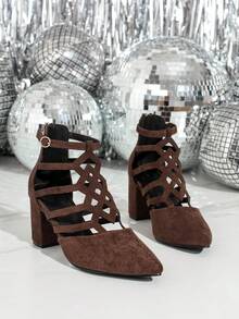 Pointed Toe Fashionable Elegant Solid Color Rhombus Pattern Hollow Out Chic Party Stiletto High Heel Sandals For Women,Spring Summer Outfits - Brown - View 5