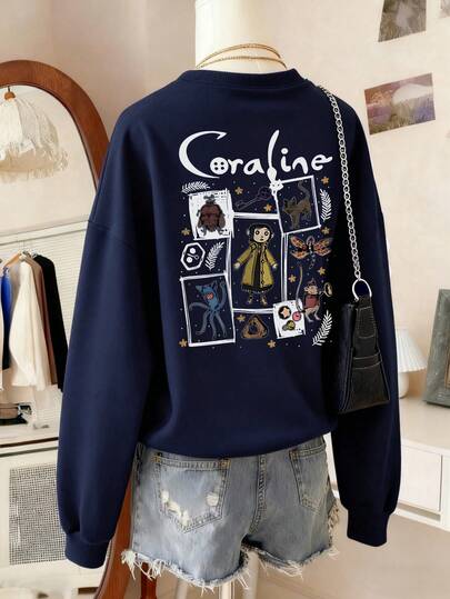 Women's Autumn And Winter Alphabet Cartoon Character Print Crew Neck Sweatshirt, Casual And Loose And Versatile Holiday-Style Top, Suitable For Daily Holiday Wear Fashionable Autumn And Winter Wear