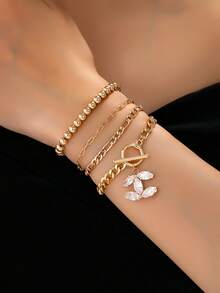 Zestaw 4 bransoletek z łańcuszkami w kolorze złotym dla kobiet, minimalistyczna, składana bransoletka z koralików CCB z zawieszką z cyrkonii, modna biżuteria do noszenia na co dzień