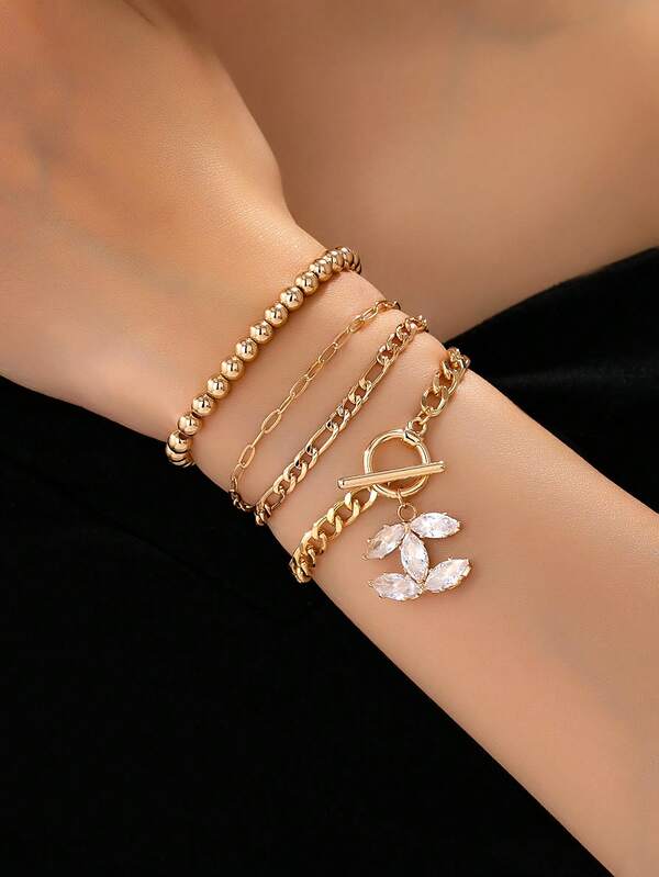 4 Pcs Golden Color Stacking Chain Bracelets Set For Women, Minimalist Stackable CCB Beaded Bracelet With Zirconia Charm, Fashionable Jewelry For Daily Wear