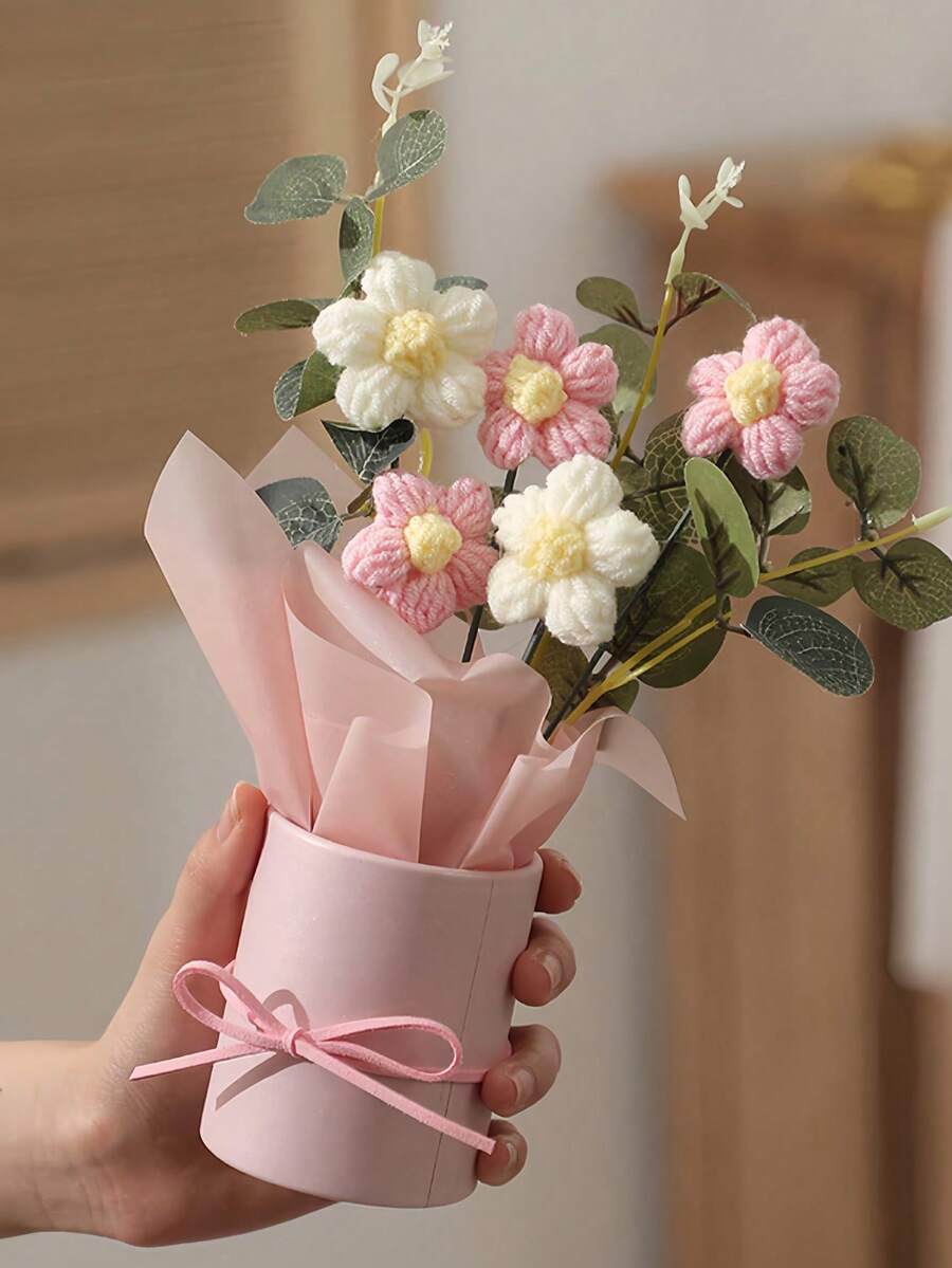 Handmade Knitted Yarn Artificial Flower Bouquet With Paper Bucket Including 5 Yarn Crochet Flowers Fabric & Knitted Man-Made Flowers Suitable For Mom, Friend's, Or Anniversary Gifts, Mother's Day Gifts, Valentine's Day Gifts, Birthday Gifts, And Festivals Party Home Table Decoration Table Decor Bedroom And Bathroom Room Decor - Multicolor - View 1