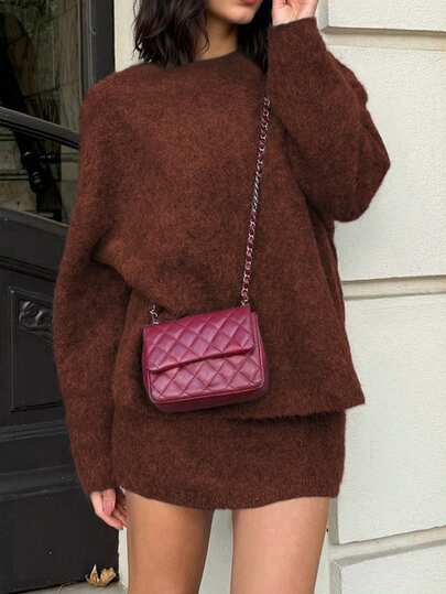 Knit Mix Elegant Women's Fall Winter Knit Sweater Set, Casual Round Neck Long Sleeve Pullover Top, Christmas New Year Thanksgiving Chic Solid Color Two Pieces