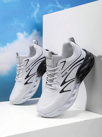 New Minimalist Grey & White Sporty Chunky Sneakers, Mesh Lace-Up + Perforated Cushioning Design, Men's Casual Commute Versatile Shoes, Must-Have For Christmas