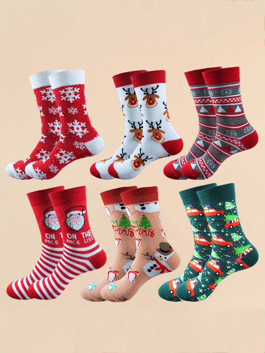 6 Pairs Christmas Socks - Festive Santa, Reindeer, Snowflakes, Candy Canes - Green, Golden, Red Holiday Colors - Machine Washable - For Christmas Party Favors, Stocking Stuffers, Gift Exchanges - Unisex Adult Socks - Bulk Christmas Decorations, Christmas Socks, Seasonal Footwear, Cheerful Patterns, Durable Material, Holiday Shoppers, Christmas Decor, Cartoon Patterns, Comfortable Material, Party Planners