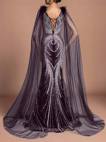 Luxuriöses, elegantes rückenfreies Kleid mit Perlenverzierung, Pailletten und Federakzenten - Meerjungfrauensilhouette mit transparenten Chiffonärmeln, geeignet für formelle Abendessen, Luxuspartys und Schwarze Tie-Events, Weihnachtsoutfit - Violett - Übersicht 2