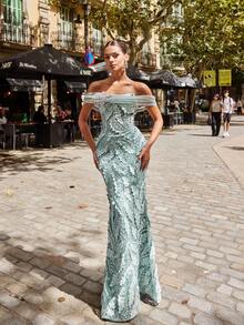 Faeriesty Vestido de noche de lujo con cuentas y lentejuelas, escote hombros descubiertos con broche de cristal en forma de estrella, bordado floral, adecuado para banquetes y celebraciones - Verde - Ver 5