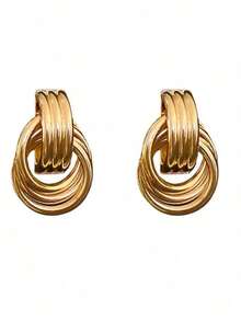 1pair Fashionable Gold Tone Alloy Multi-Turn Knotted Design Stud Earrings For Women, Double Hoop Studs, Statement Dangling Earrings, Unique Earrings • Anniversary Gift For Wife - 金色 - 查看 6