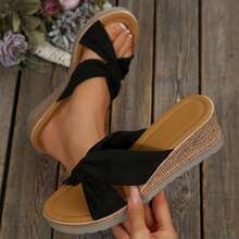 Beach Vacation Wedges Heels Women's Sandals Summer Bow-Knot Flats Wear-Resistant Travel Slippers Shoes Platform Sandals Summer Outdoor Walking - 黑色 - 查看 9