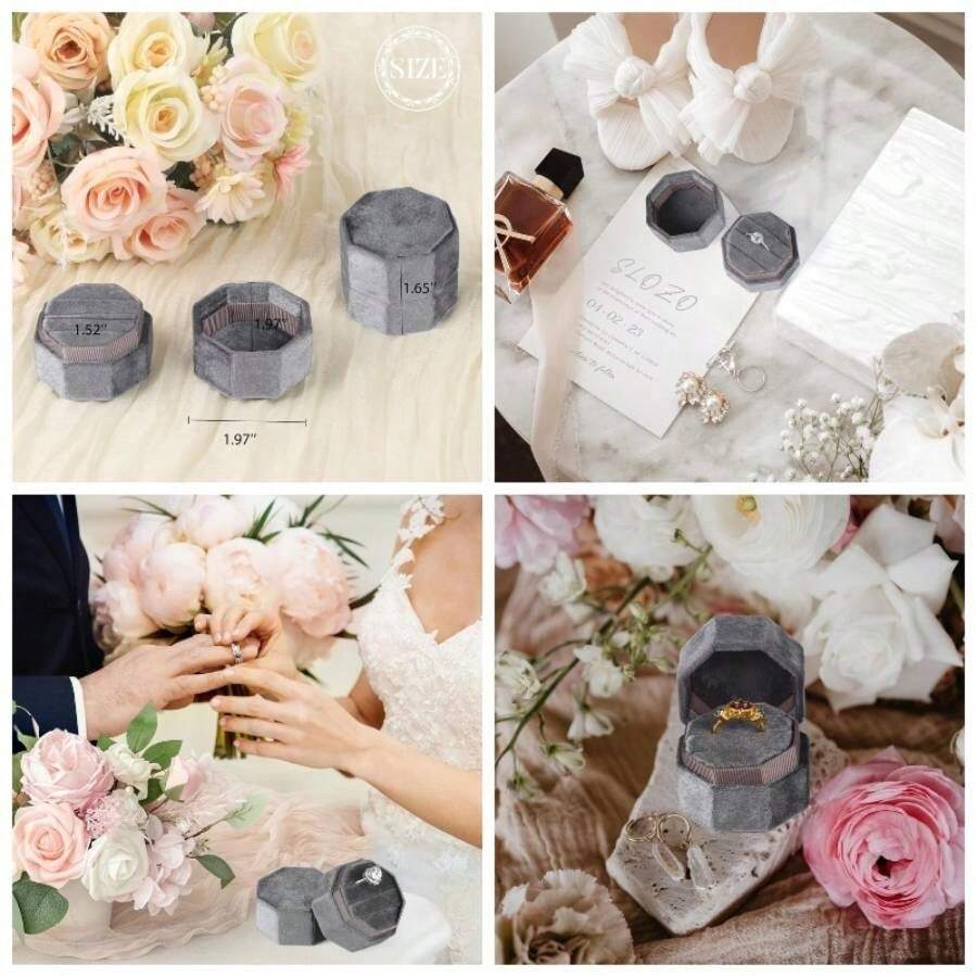 Velvet Ring Box, 3 Slots Octagon Jewelry Ring Box Vintage Ring Display Holder Case Wedding Ceremony Proposal Engagement Pearly White - Xám - Xem 1