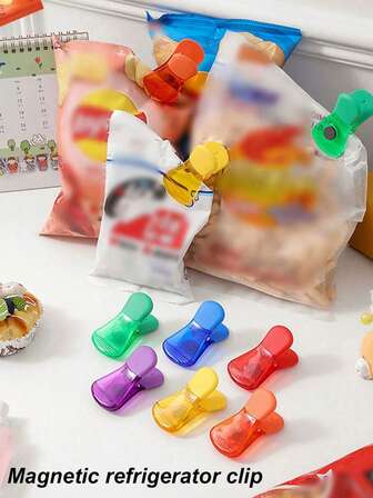 1-6pcs Magnetic Potato Chip Bag Clips, Bag Clips, Food Snack Bag Sealing Clips, Colorful Refrigerator Magnetic Clip Sealers, Refrigerator Moisture-Proof Magnets For Food Preservation, Kitchen Snack Sealing Clips For Home Kitchen Storage, Mini Home Kit, Suitable For Kitchen, Home And Office