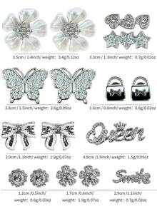Conjunto de 16 elegantes enfeites prateados com strass para sapatos - Borboletas, Flores e Rainhas, Acessórios Vazados para Tamancos