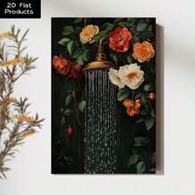 2D Flat 1pc Framed Canvas Wall Art Prints Poster, Showerhead In A Flower Garden, Surrounded By Roses And Green Leaves, Vintage Oil Painting Style Art Posters Canvas Print Painting For Living Room Bedroom Office Bathroom Dorm Home Decor, Ready To Hang - 彩色 - 查看 1