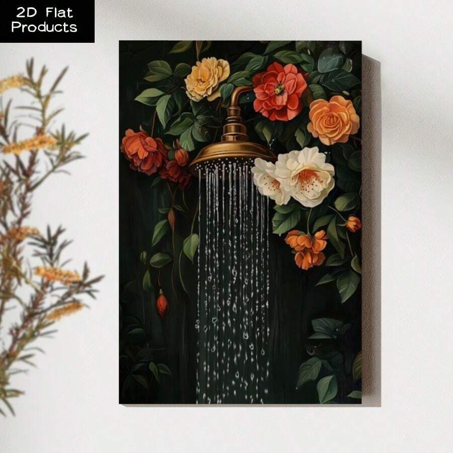 2D Flat 1pc Framed Canvas Wall Art Prints Poster, Showerhead In A Flower Garden, Surrounded By Roses And Green Leaves, Vintage Oil Painting Style Art Posters Canvas Print Painting For Living Room Bedroom Office Bathroom Dorm Home Decor, Ready To Hang - 彩色 - 查看 1