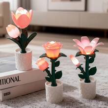 Luz nocturna con forma de tulipán y rosa hecha con bloques de construcción creativos, regalo romántico, lámpara de ambiente, decoración de escritorio, lámpara de mesa DIY - Rosa - Ver 6