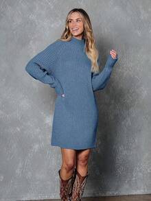 2026 Women's Casual Knit Dress Sweater Dresses For Women  Fall Fashion Mock Neck Long Lantern Sleeve Oversized Outfits Knit Tops Clothes ​ , Bodycon Long Sleeve ​ For Sports Outdoor Wear, Loose Fit Long Sleeve Comfy Daily Outfits For Women - 藍色 - 查看 2