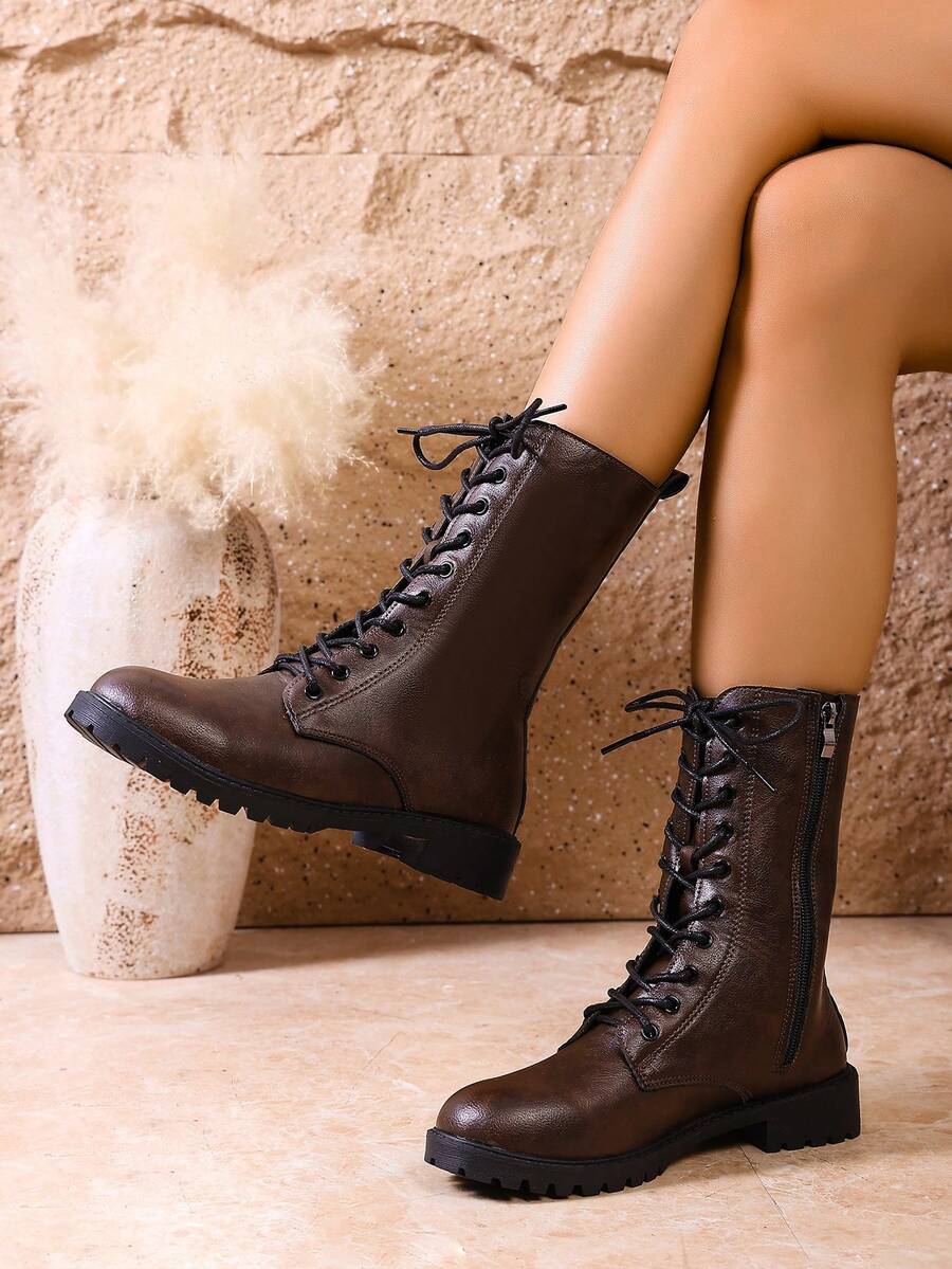 Western Style Punk Lace-Up Low Chunky Heel Short Boots For Women, Round Toe Side Zipper Thick Sole Motorcycle Boots, Plus Size, Autumn/Winter - Brown - View 1