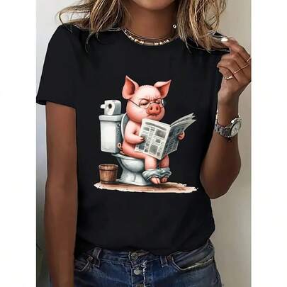 Women's Oversized Funny Pink on Toilet T-Shirt - Vintage & Newspaper Print Short Sleeve Top, Soft Stretch Polyester/Elastane, Casual H-Line Fit for Spring Summer Fall, Humorous Bathroom-Themed Party Outfit