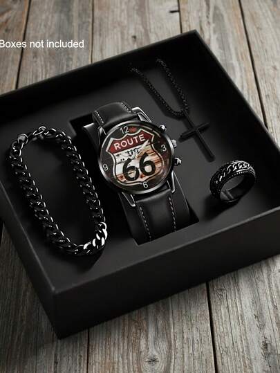 这款男士复古风腕表套装包含四件单品，包括一款以66号公路为主题的多功能腕表（配棕色皮表带）、一条链式手链、一条十字架吊坠项链和一枚时尚戒指。整体风格个性十足，佩戴舒适，适合日常出行和搭配复古服饰。是送给男友或兄弟的贴心礼物。