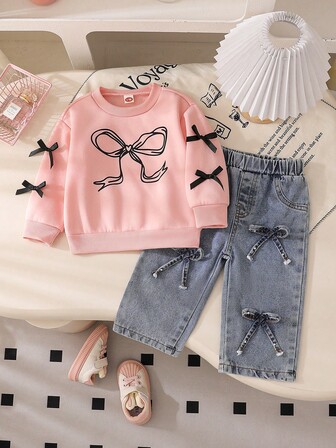 女婴时尚休闲可爱抓绒套装，蝴蝶结印花简约抓绒卫衣+蝴蝶结简约牛仔裤