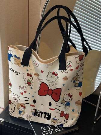Sanrio 1PC Hello Kitty 2025 New Large Canvas Tote Bag For Women, Cute Kawaii Shoulder Bag, Spacious Casual Shopper Purse, Lightweight Work Commuter Bag, Fashionable Beach Bag Gift